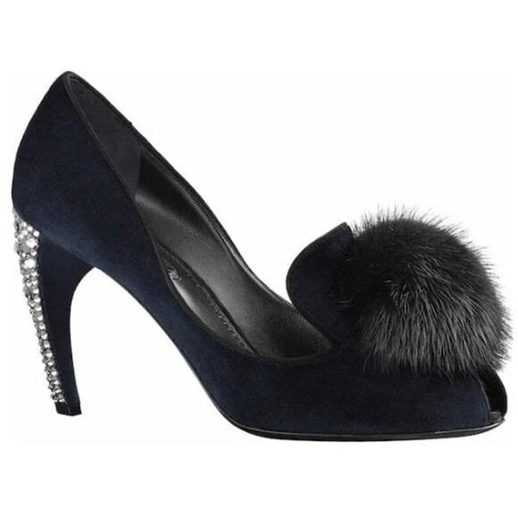 Louis Vuitton Black Blue Nuit Frill Mink Pompom Pumps Heels Size 35.5 Runway - Picture 1 of 12